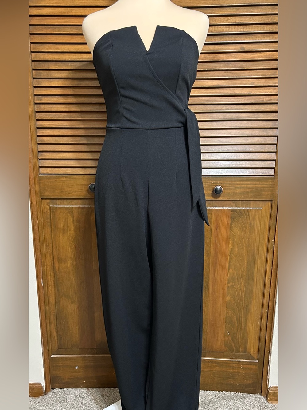 Alya Black Strapless Back Zip Faux Wrap V-Neck Jumpsuit with Side Tie Size XS